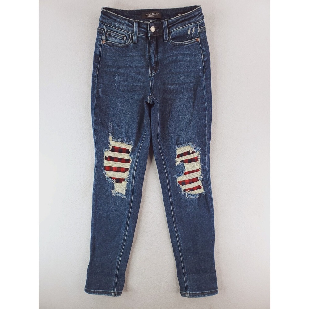 Judy Blue Jeans Womens 0 Blue Boyfriend Distressed Patchwork Grunge Stretch Dark
